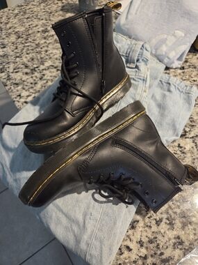 Dr. Martens Black Ankle Boots with Yellow Heel Loop